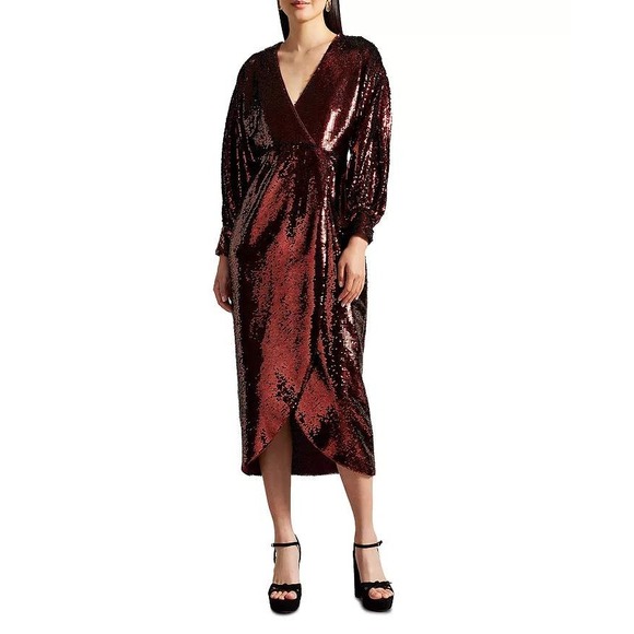 Ted Baker Dress Emmalee Plunge Neck Sequin Midi Women's Size 0 Wine Red Nwt